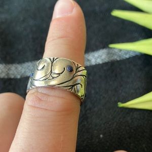 Sterling Silver Floral Band Ring with Blue Accent